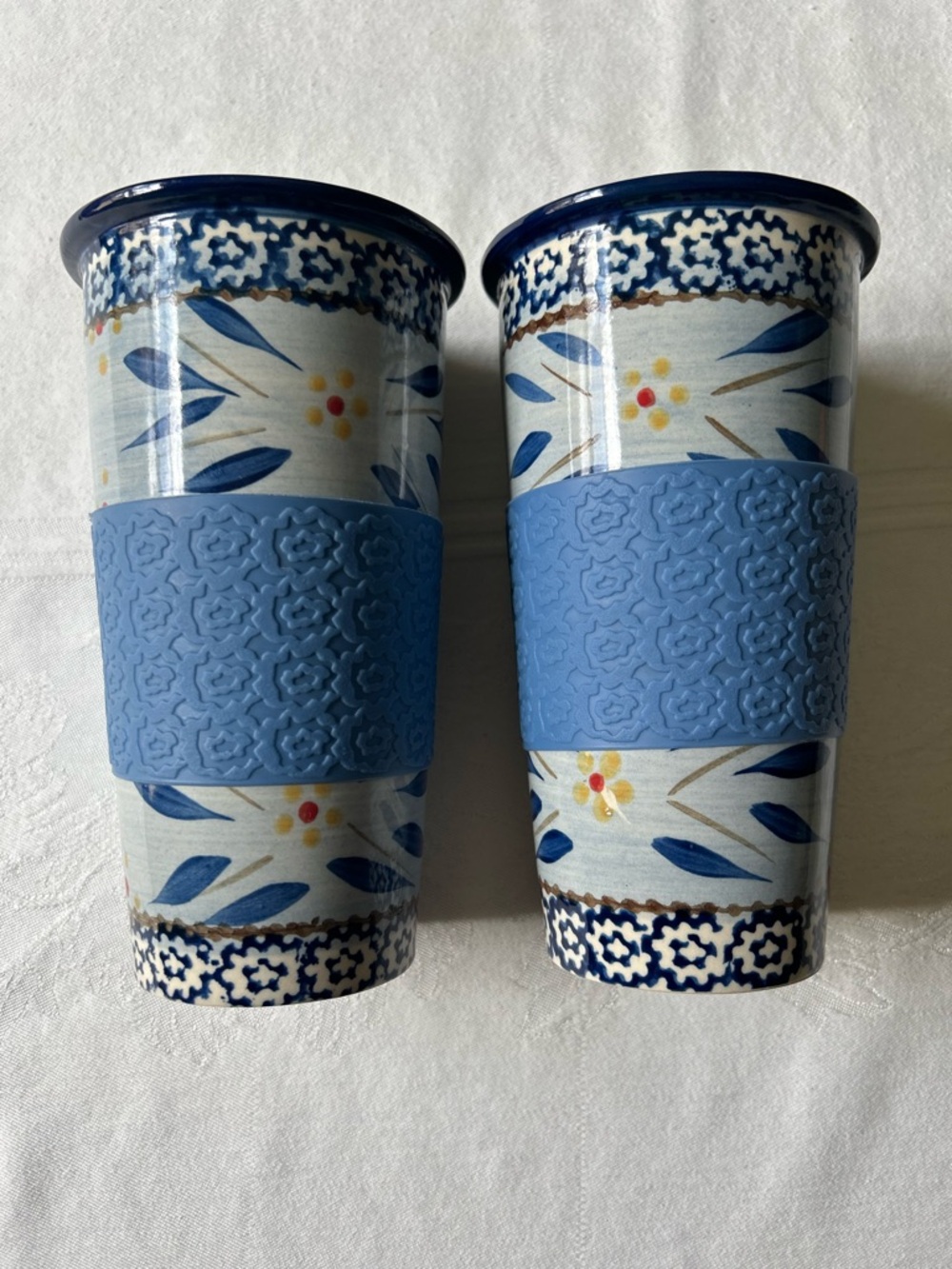 Temptations by Tara.  2 Old World Blue Travel Coffee Tumblers